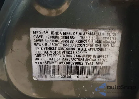 2008 Honda Pilot Ex-L z USA, uszkodzony, nr VIN 5FNYF185X8B029882